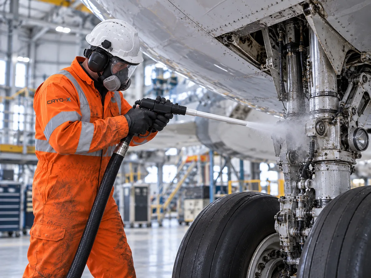 Illustration of dry ice cleaning on aerospace landing gear.