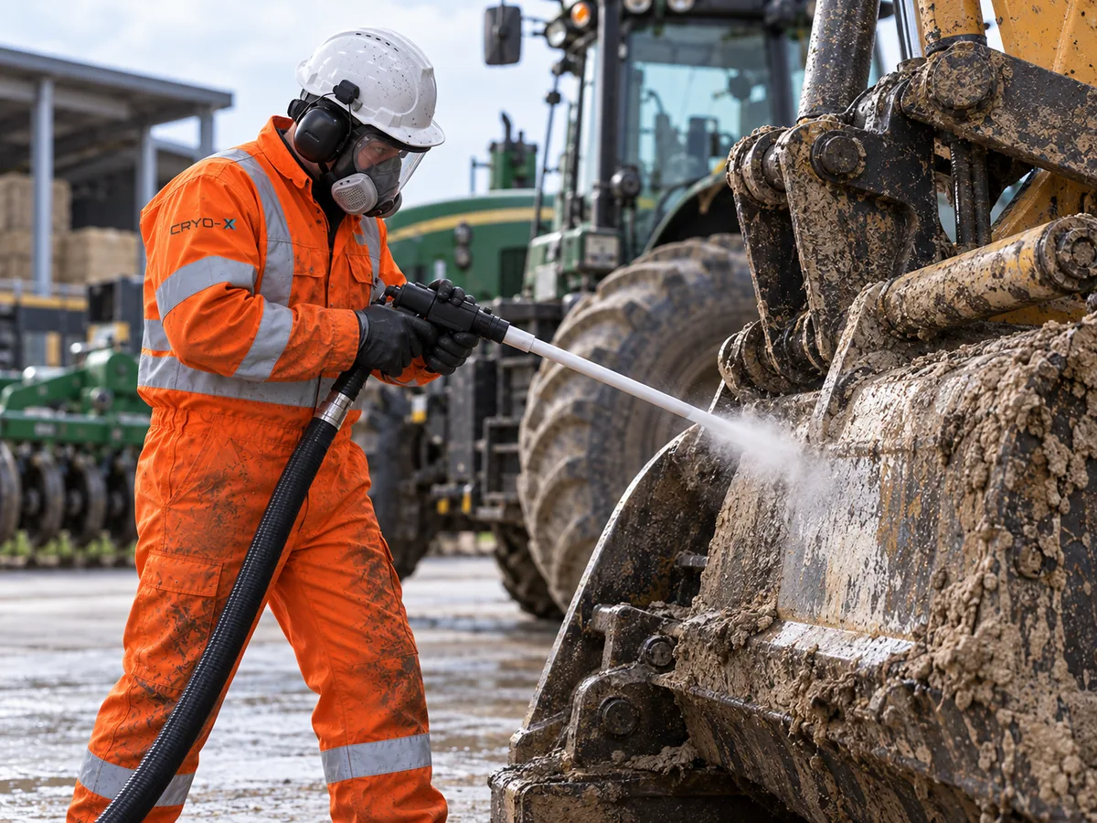 Illustration of dry ice cleaning on agricultural and heavy plant machinery.