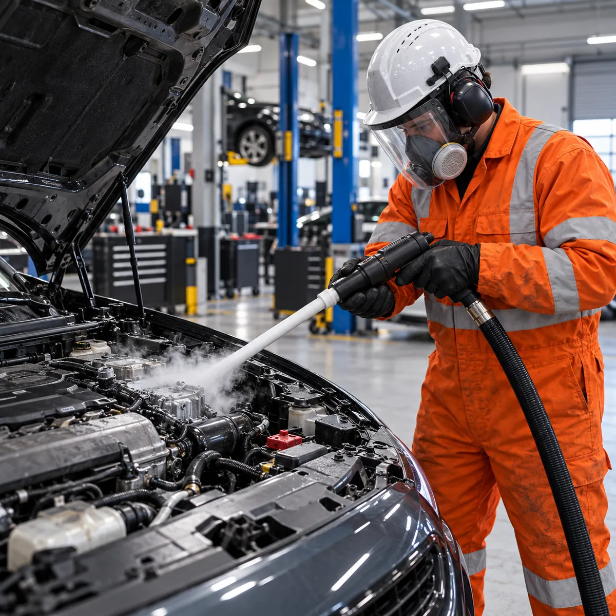 Illustration of a technician dry ice blasting a car engine bay.