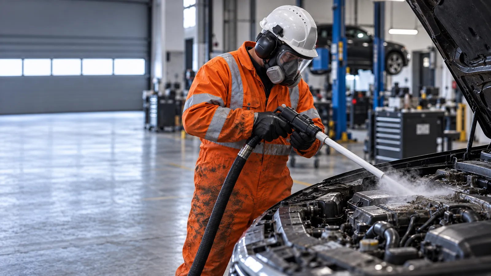 Illustration of a technician dry ice cleaning a car engine bay in a workshop.