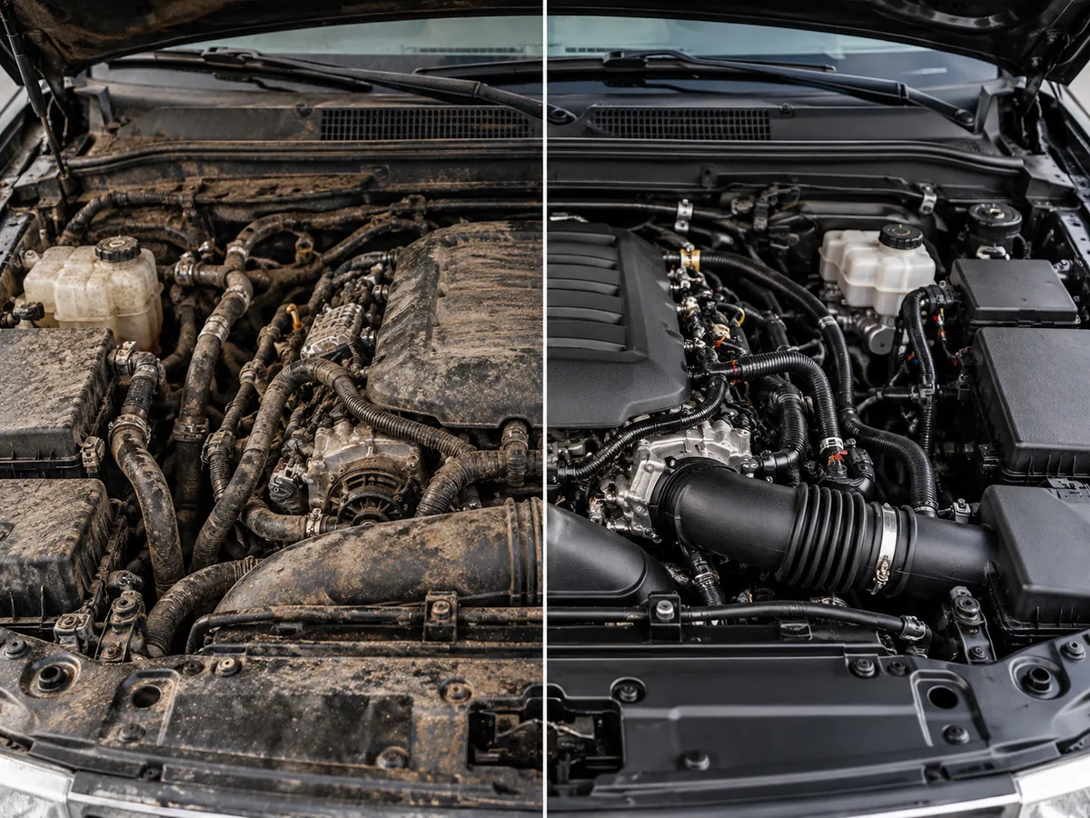 Illustration comparing a dirty engine bay with a clean engine bay.