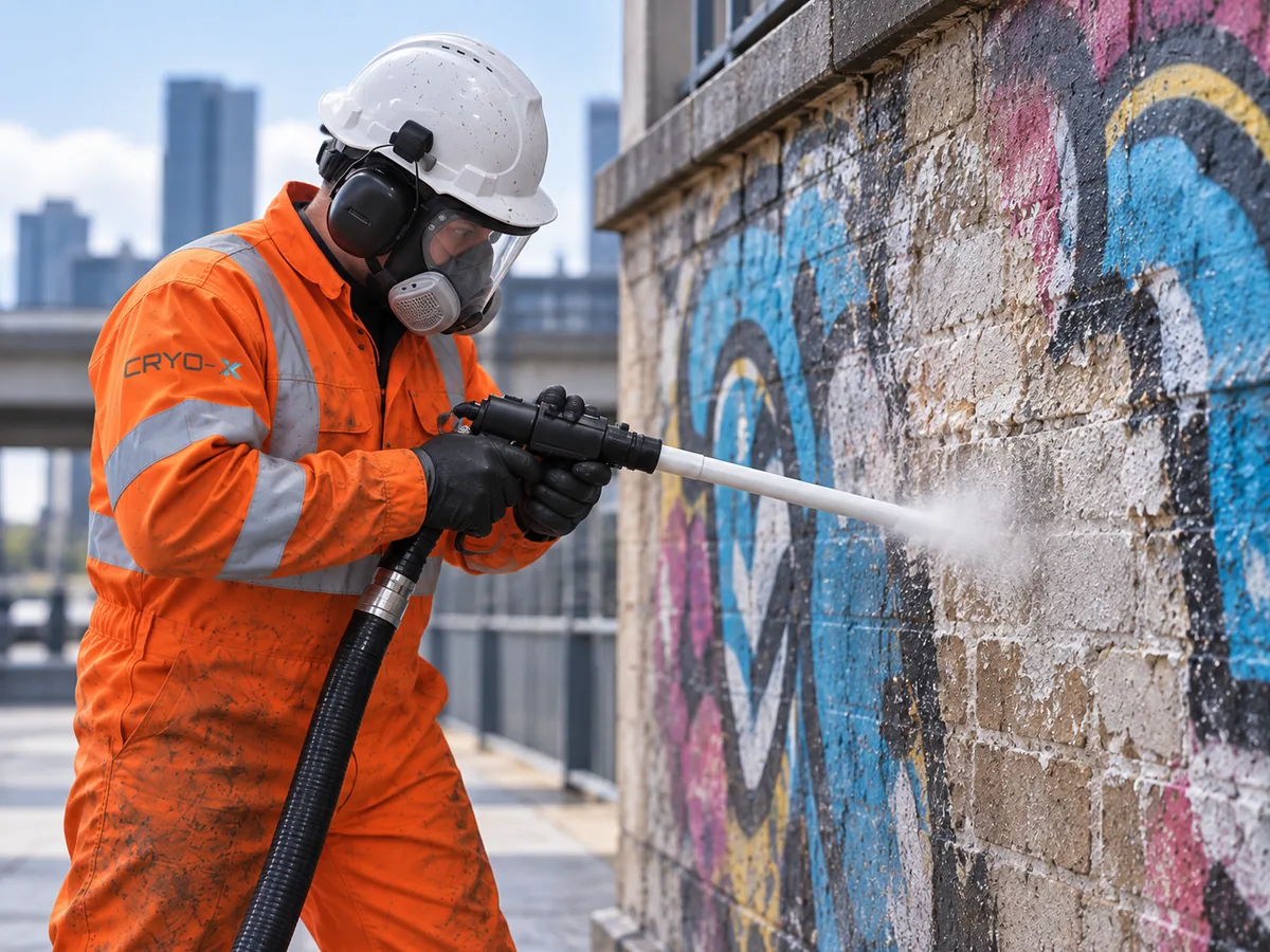 Illustration of dry ice cleaning used to remove graffiti from a brick wall.