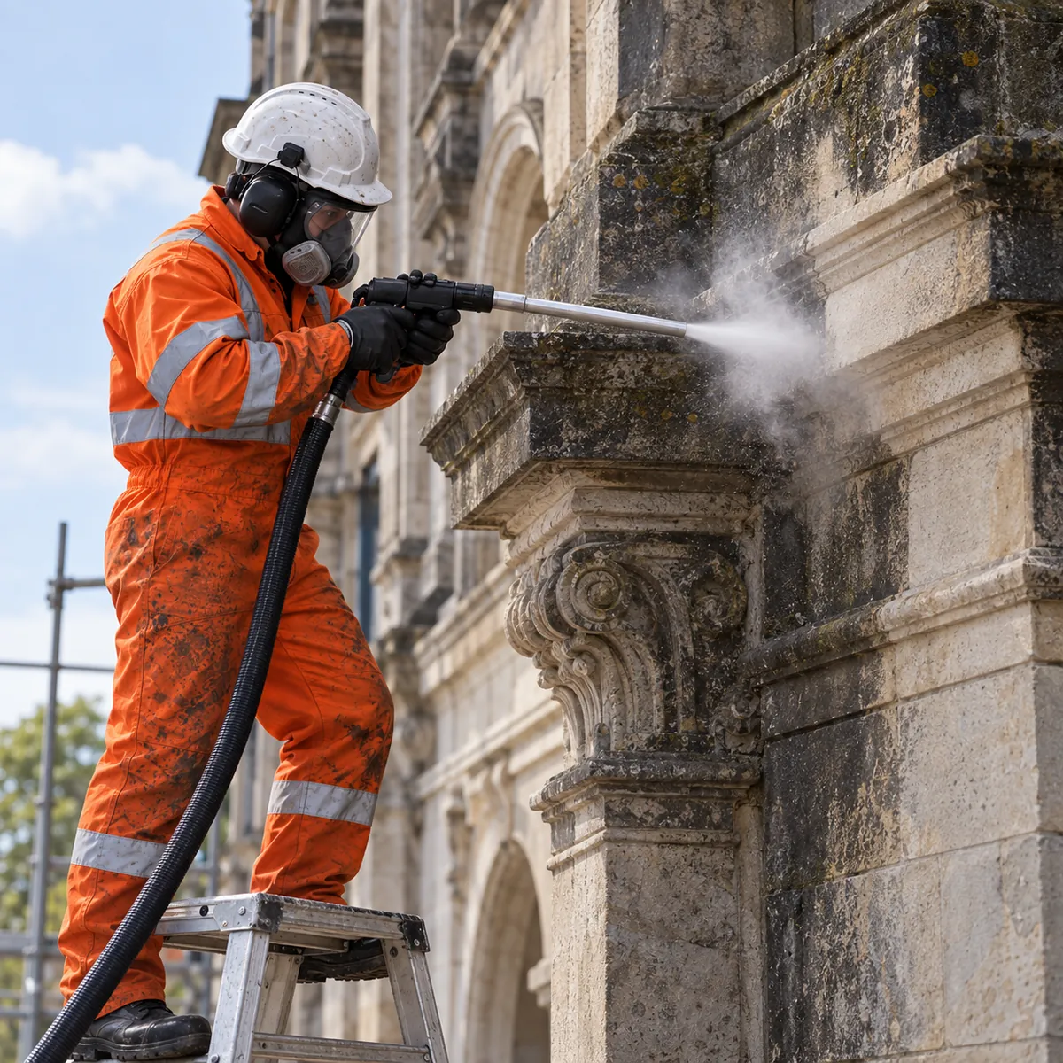 Illustration of dry ice cleaning on ornate heritage stonework.