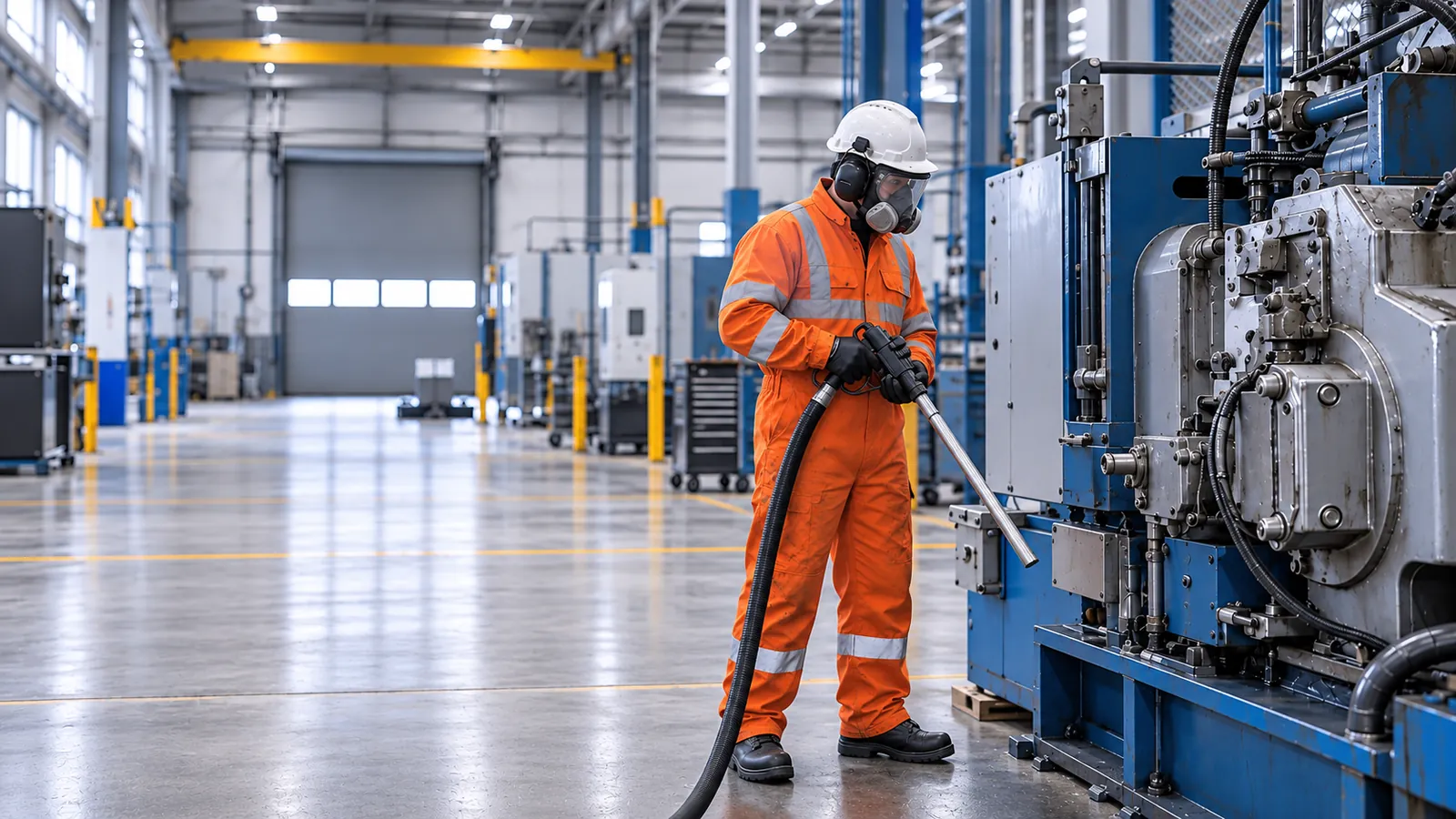 Illustration of a dry ice cleaning technician beside industrial machinery in a factory.