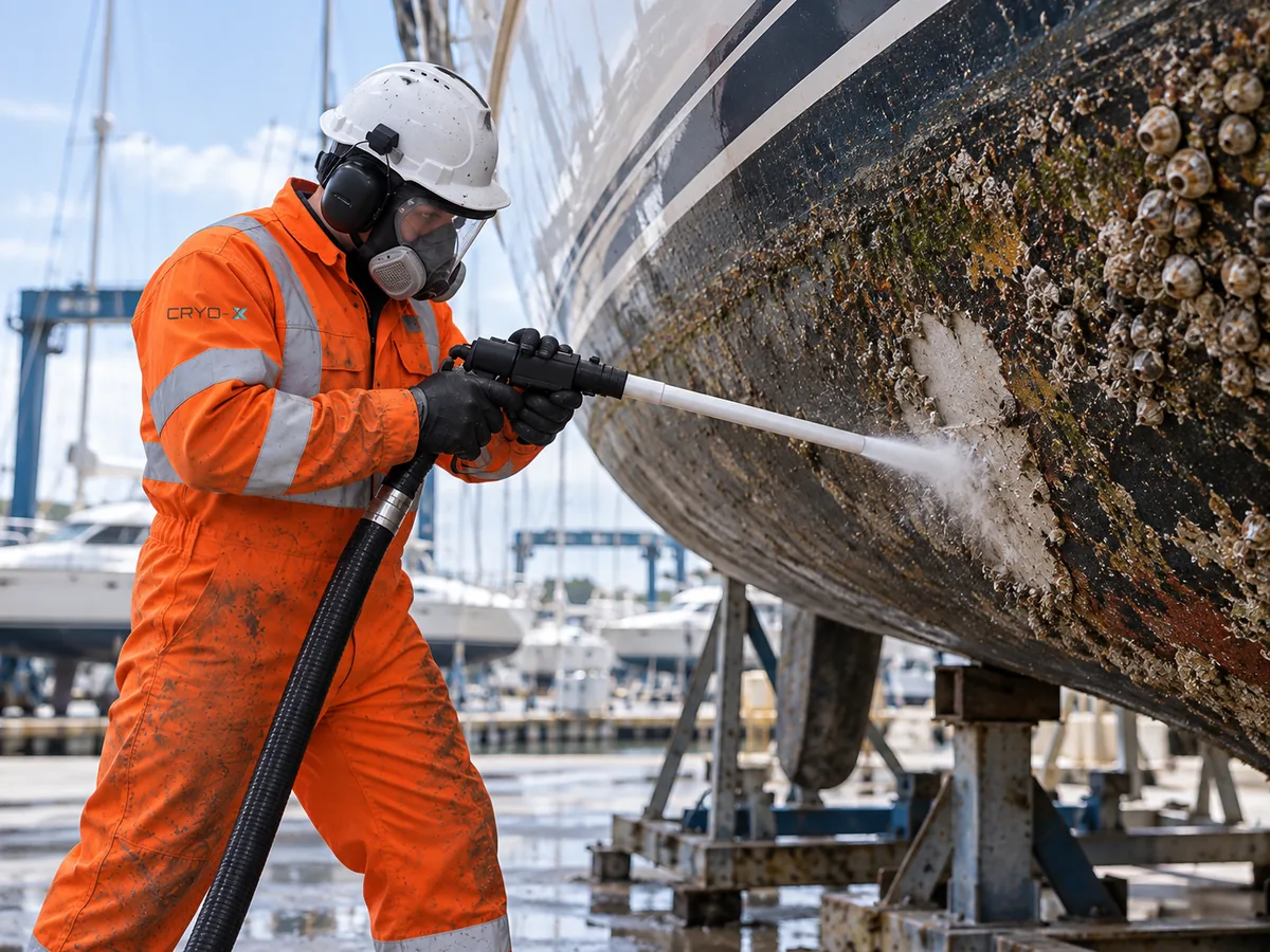 Illustration of dry ice cleaning on a marine hull at a marina.