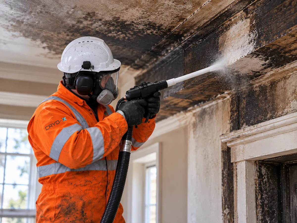Illustration of dry ice blasting used for smoke and soot removal on a ceiling.