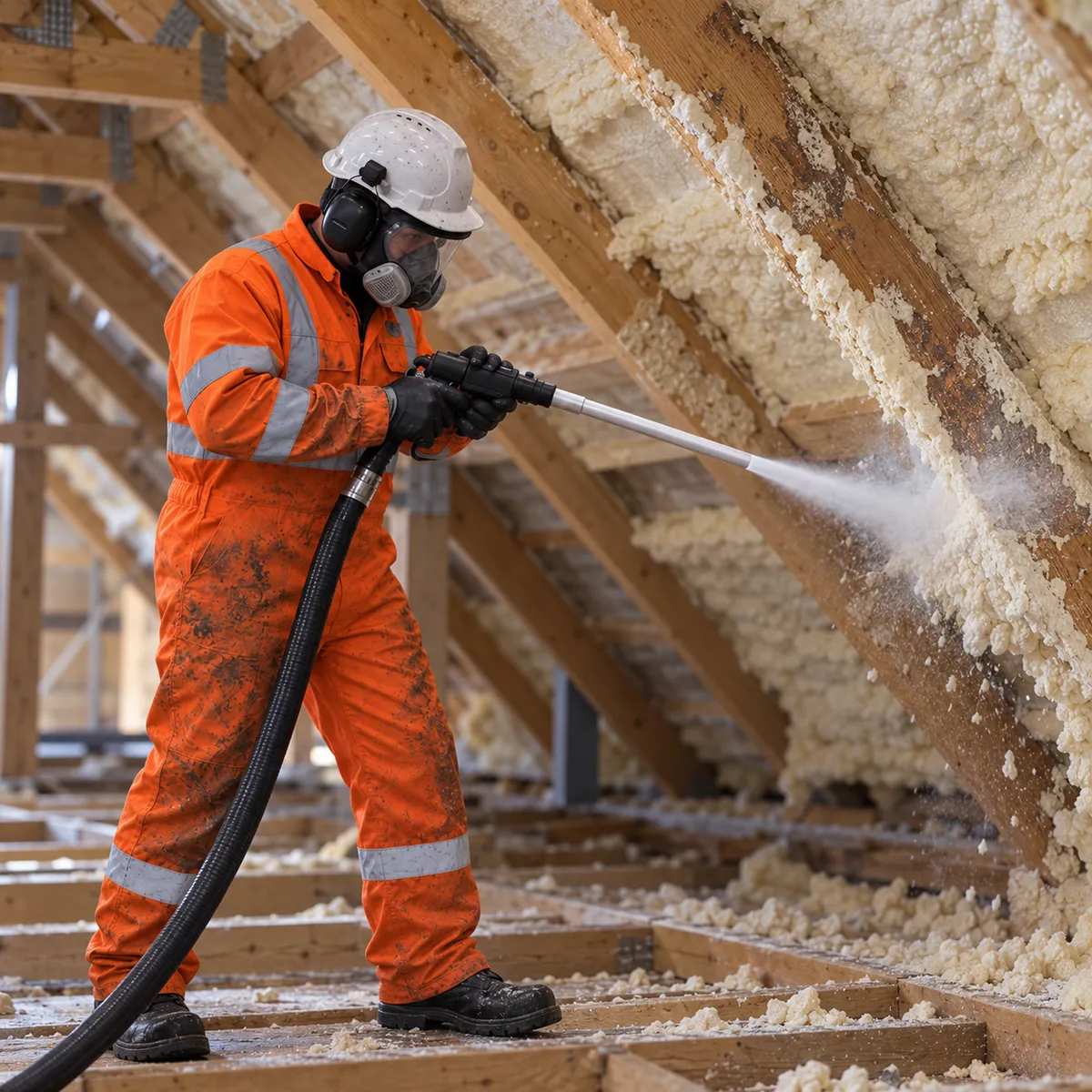 Illustration of dry ice blasting used to remove spray foam insulation from loft timbers.