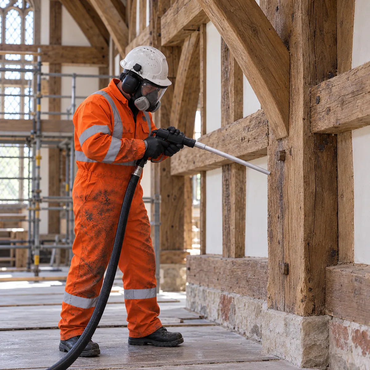 Illustration of dry ice cleaning on exposed timber beams during restoration.